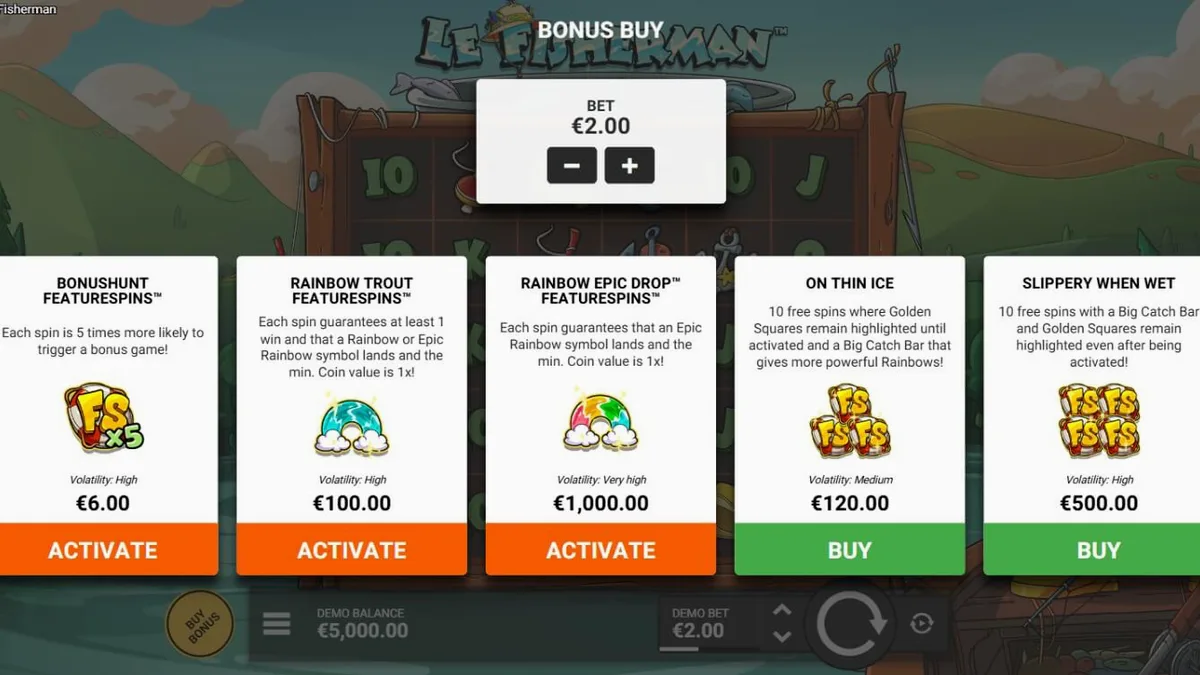 Smokey the Raccoon fishing in the Le Fisherman slot game