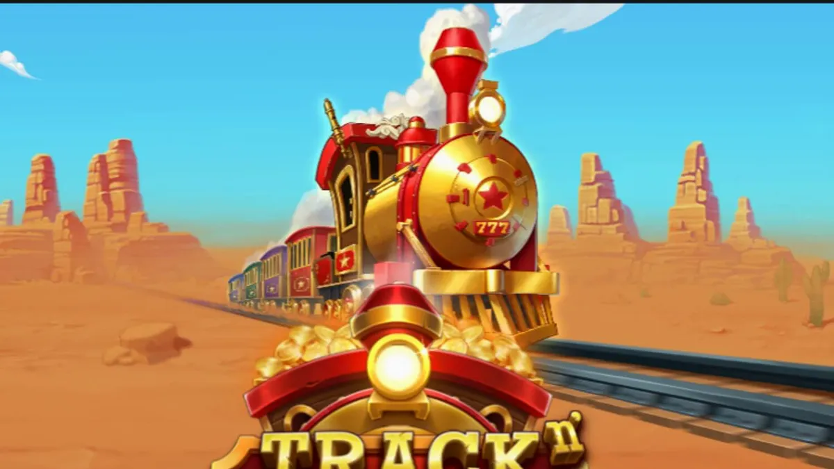 Isang visual na representasyon ng Track’n Gold slot na nagpapakita ng steam train sa disyerto